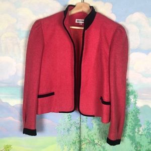 Amazing 1960s watermelon pink cropped mohair wool? black velvet trim size M